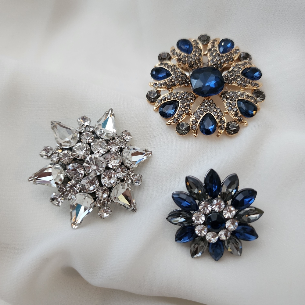 2 DIY Brooches & 1 Hair Clip Set Blue Silver Gold Gray Rhinestones